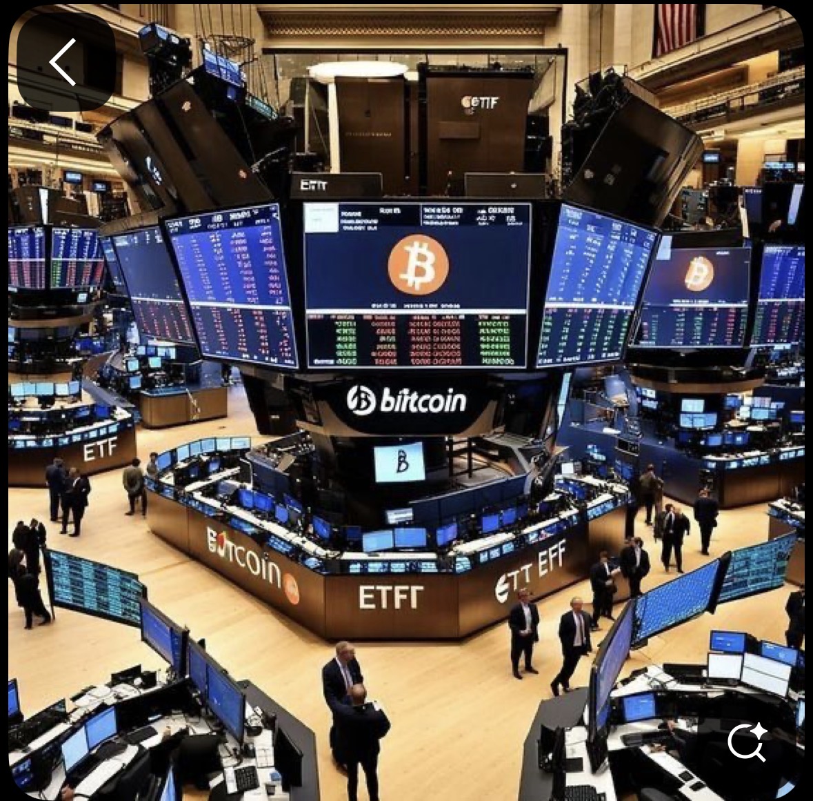 Illustrative exchange floor with Bitcoin displays